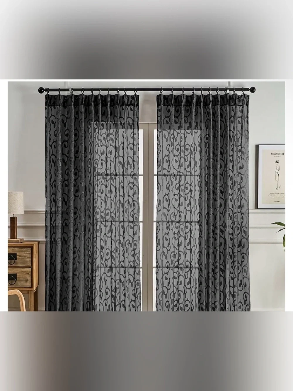 Black Pinch Pleated Sheer Curtains 96 Inches Long 2 Panels 60”x96” each